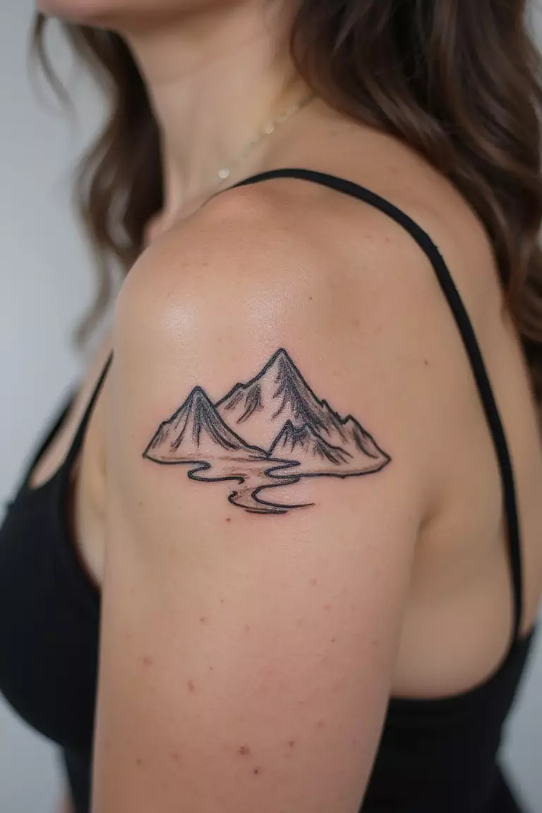 Outline Of A Favorite Trail Peak A close-up shot of a woman showing her black ink topographic line outline of a mountain peak tattoo design on her arm