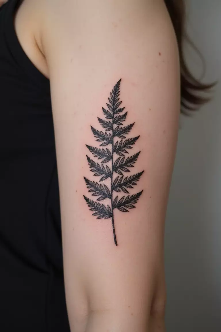 Fern Leaf A close-up shot of a woman showing her black ink detailed single fern frond tattoo design on her arm