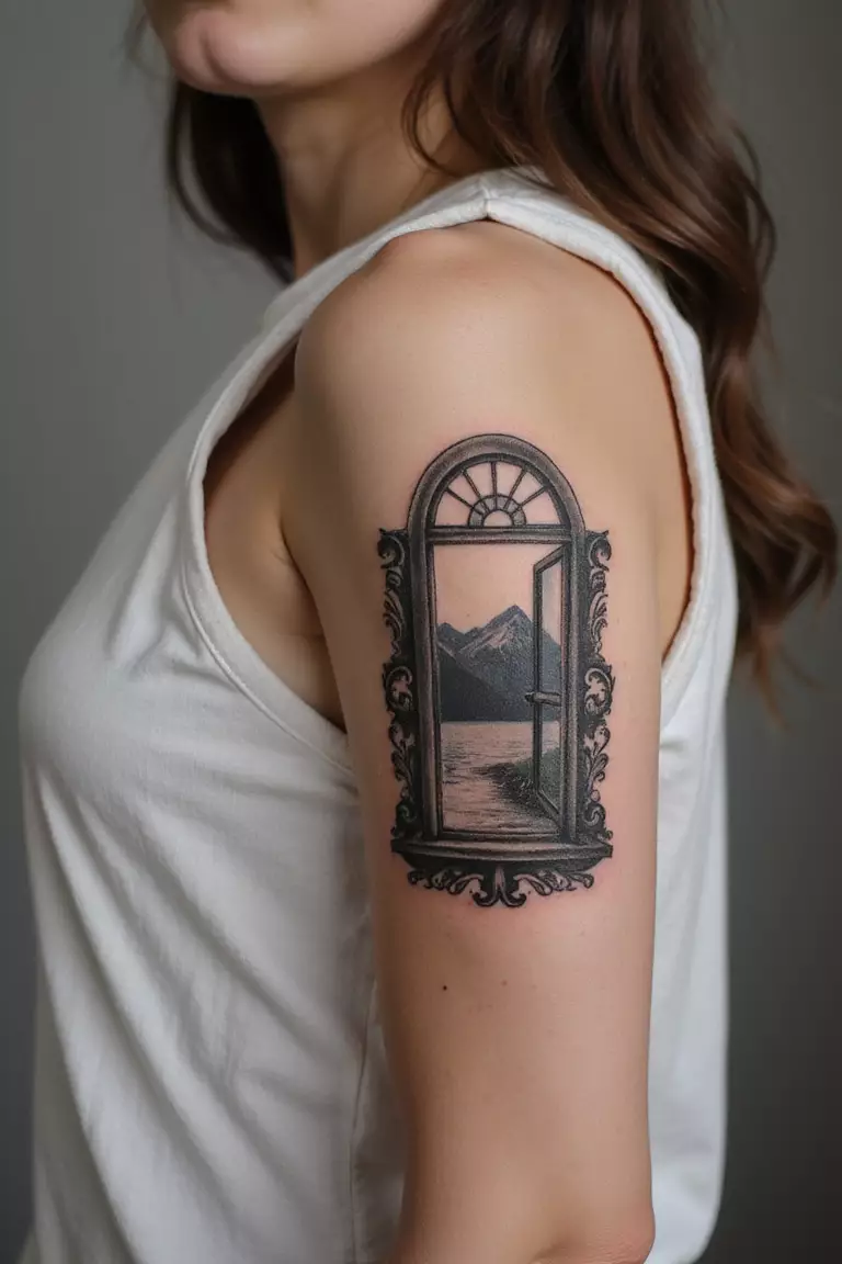 Open Window With View A close-up shot of a woman showing her black ink open window tattoo design on her arm, revealing a serene landscape view outside like mountains or a beach.