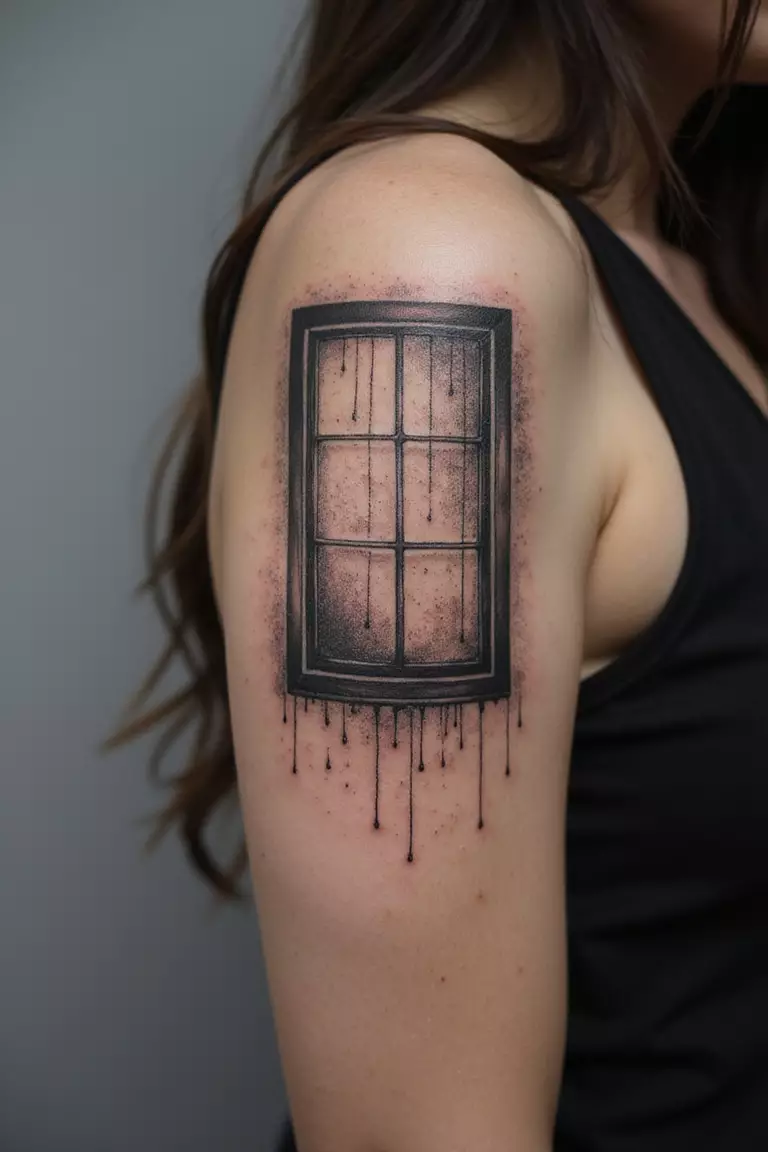 Rainy Window Pane A close-up shot of a woman showing her black ink tattoo design on her arm depicting raindrops streaking down a window pane, creating a melancholic mood.