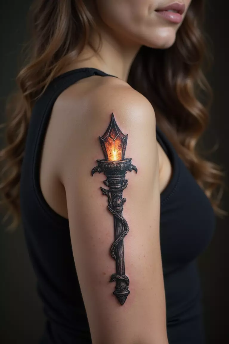 Wizard's Staff Design A close-up shot of a woman showing her black ink ornate wooden wizard's staff with a glowing crystal top tattoo design on her arm