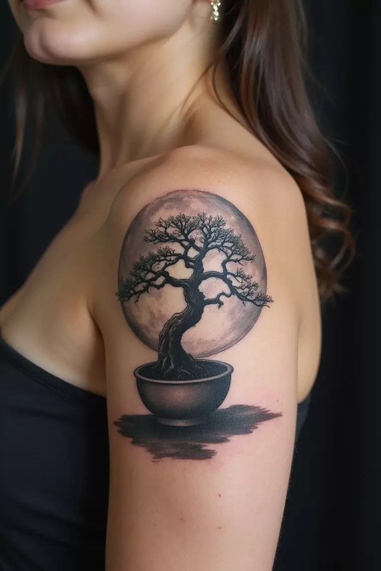 Bonsai With Moon A close-up shot of a woman showing her black ink bonsai tree silhouetted against a full moon tattoo design on her arm