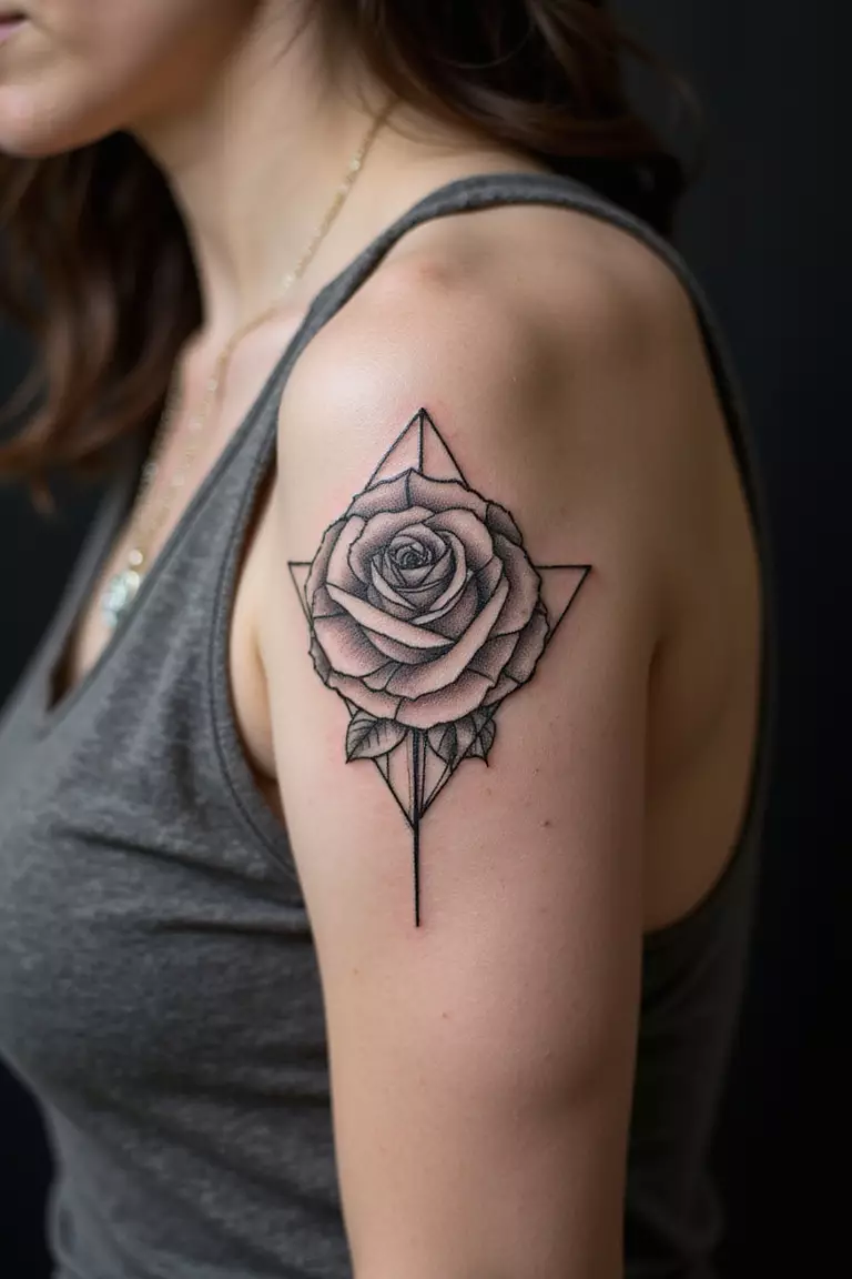 Geometric Rose A close-up shot of a woman showing her black ink geometric rose tattoo with straight lines and shapes on her arm.
