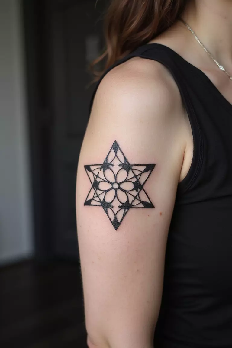 Geometric Shapes A close-up shot of a woman showing her black ink geometric shapes tattoo design featuring interlocking triangles and circles on her arm