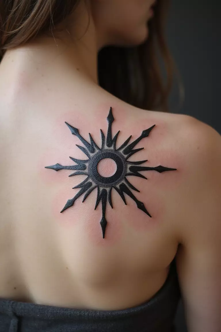 A close-up shot of a woman showing her black ink sun with rays only tattoo design on her arm