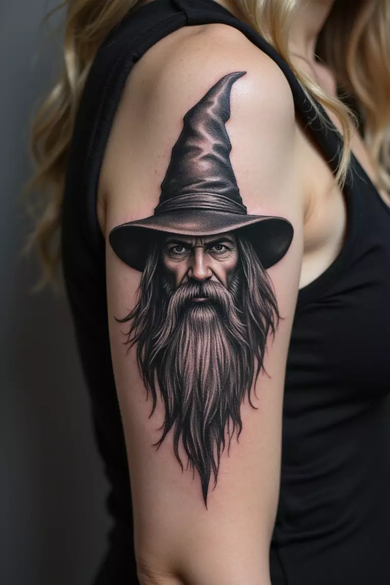 Classic Pointed Hat Wizard A close-up shot of a woman showing her black ink classic wizard with a pointed hat and long beard tattoo design on her arm