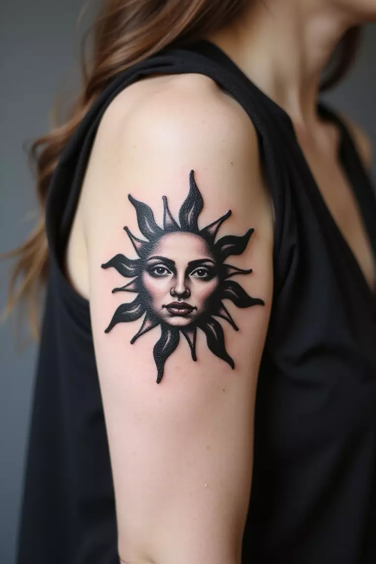 Blackwork Sun A close-up shot of a woman showing her black ink solid blackwork sun tattoo with bold shapes and negative space tattoo design on her arm