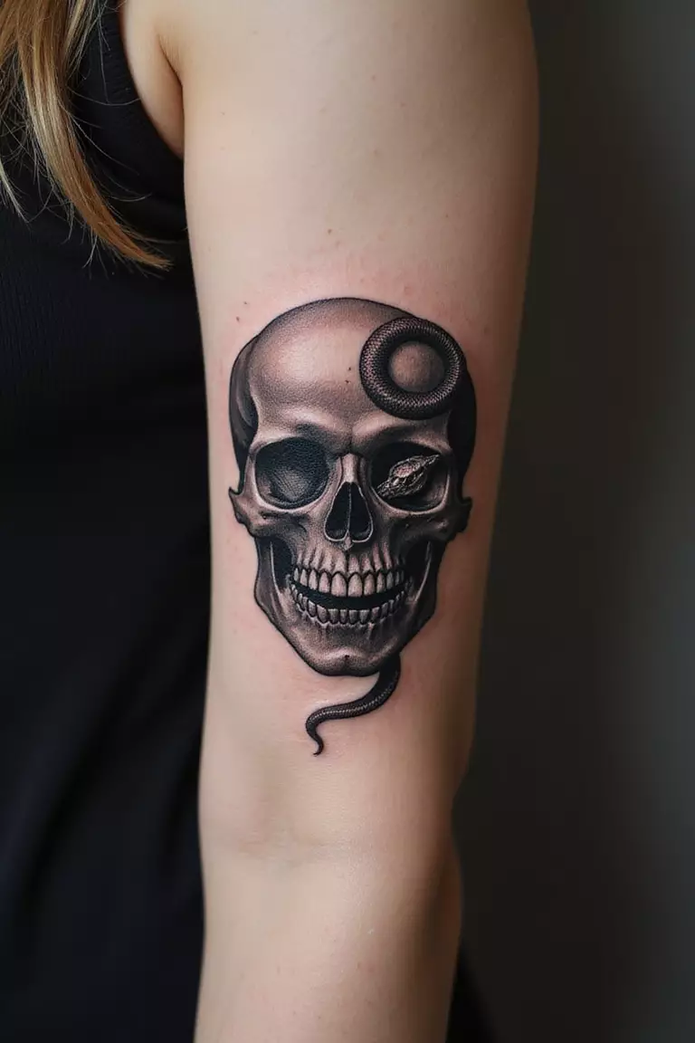 Snake Skull A close-up shot of a woman showing her black ink snake skull tattoo design on her arm, depicting a snake slithering through the eye sockets of a human skull.