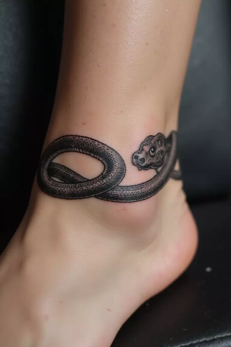 Snake Around An Ankle A close-up shot of a woman showing her black ink snake tattoo design wrapped around her ankle like a bracelet.