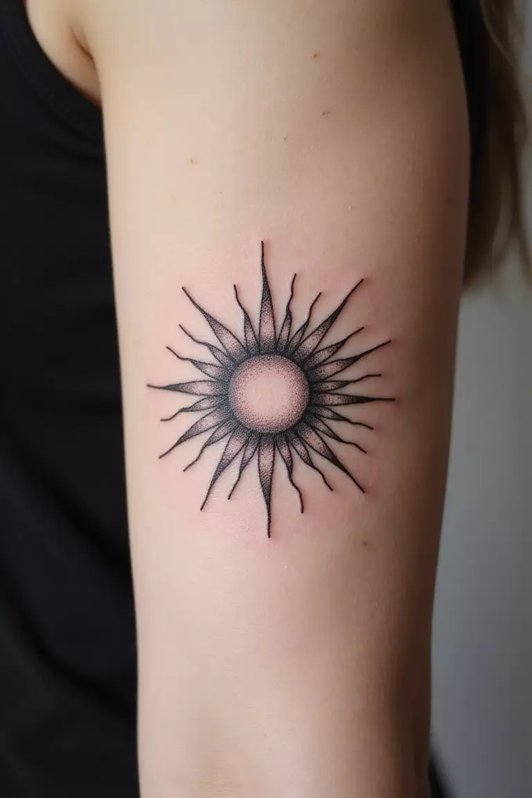 Linework Sun A close-up shot of a woman showing her black ink linework sun tattoo using only fine lines to create the shape and rays tattoo design on her arm