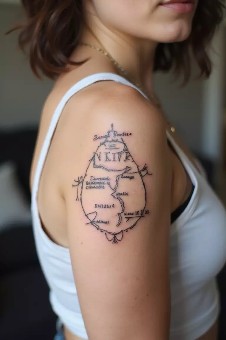 Coordinates Of A Special Place A close-up shot of a woman showing her black ink coordinates of a special place tattoo design on her arm
