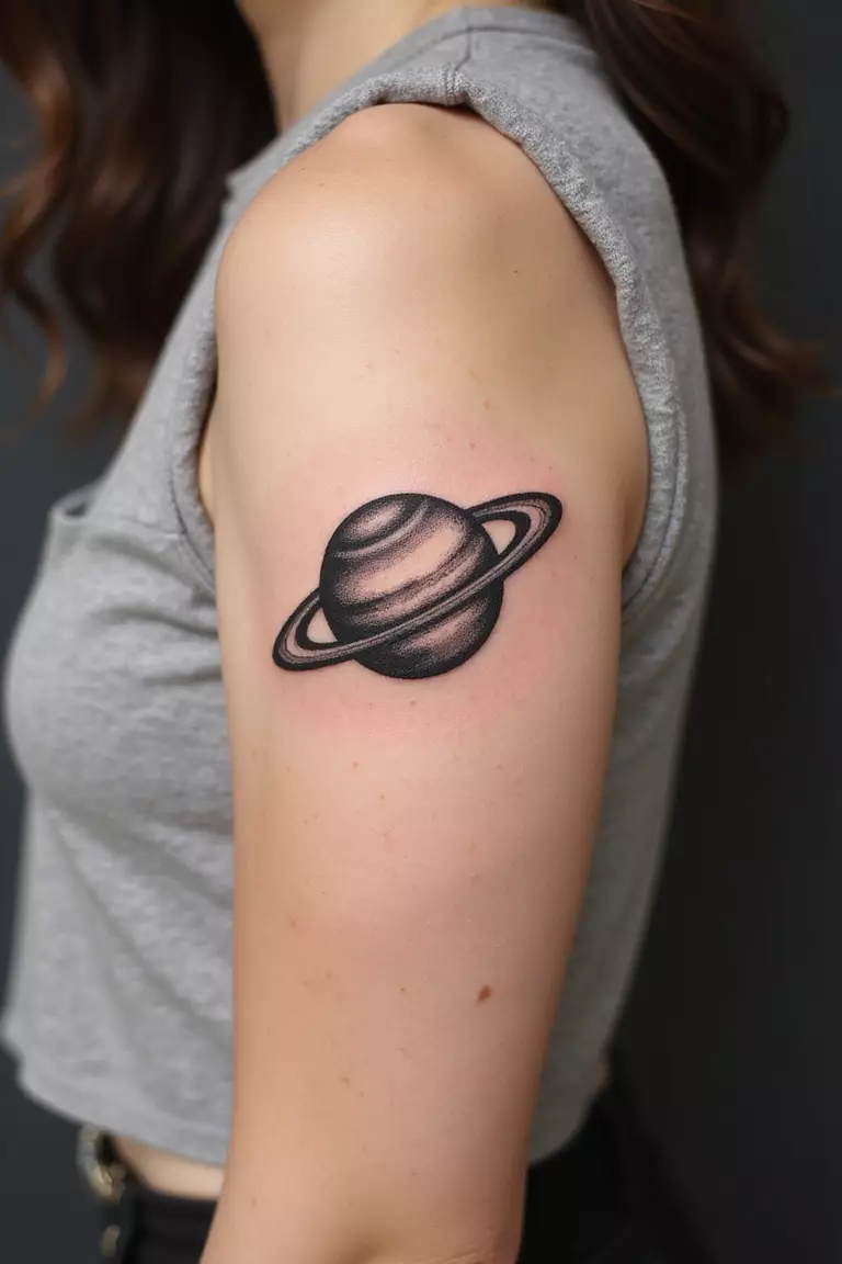 Tiny Planet A close-up shot of a woman showing her black ink small Saturn with rings tattoo design on her arm