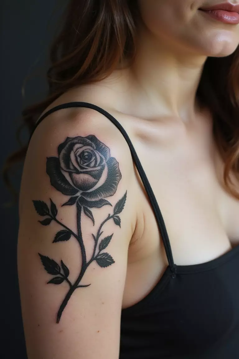 Fragmented Rose A close-up shot of a woman showing her black ink fragmented rose tattoo with parts slightly separated on her arm.