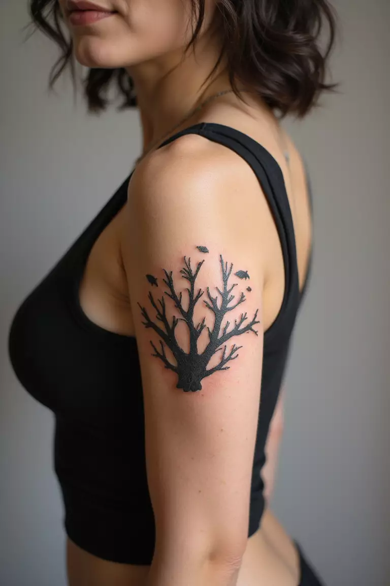 Coral With Tiny Fish A close-up shot of a woman showing her black ink coral with tiny fish tattoo design on her arm