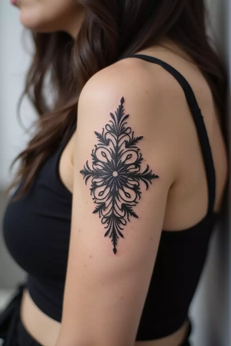 Filigree Flourish A close-up shot of a woman showing her black ink filigree flourish tattoo on her arm.