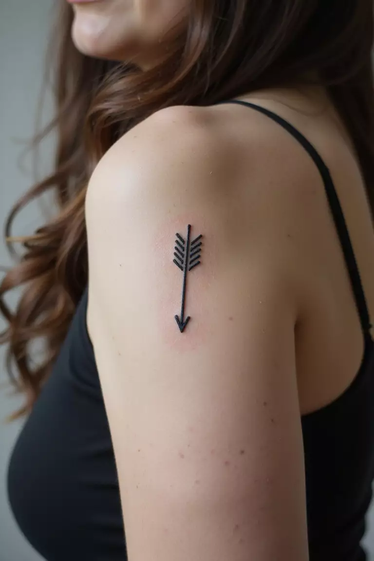 Small Arrow A close-up shot of a woman showing her black ink small simple arrow tattoo design on her arm