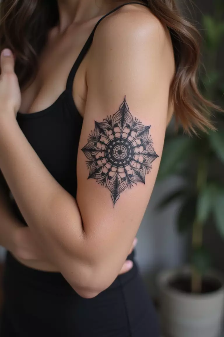 Geometric Mandala A close-up shot of a woman showing her black ink geometric mandala tattoo on her arm.