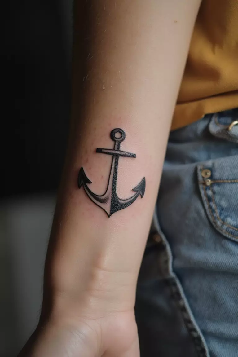 Symbolic Icons A close-up shot of a woman showing her black ink symbolic icons tattoo design featuring a small anchor on her arm