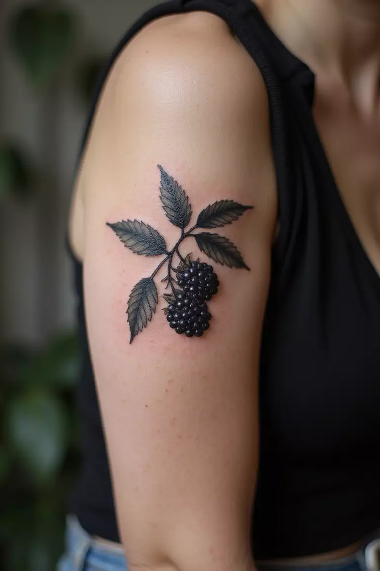 Geometric Blackberry A close-up shot of a woman showing her black ink geometric blackberry tattoo on her arm.