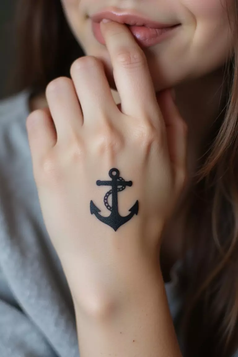 Mini Anchor A close-up shot of a woman showing her black ink small simple anchor tattoo design on her finger