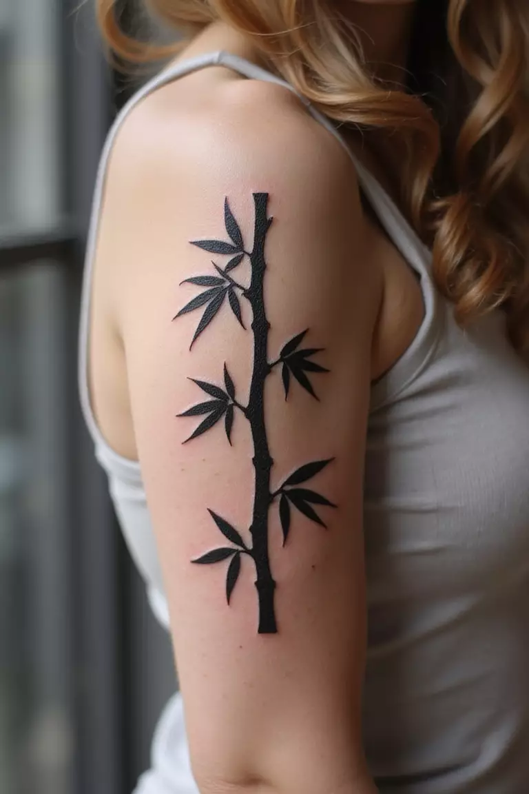Bamboo Silhouette A close-up shot of a woman showing her black ink bold bamboo stalk silhouette tattoo design on her arm
