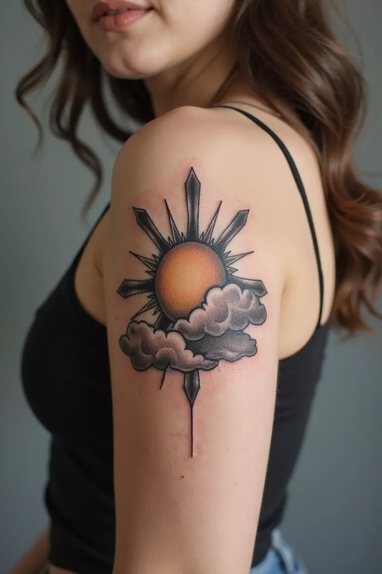 Sun And Clouds A close-up shot of a woman showing her black ink sun peeking through stylized clouds tattoo design on her arm