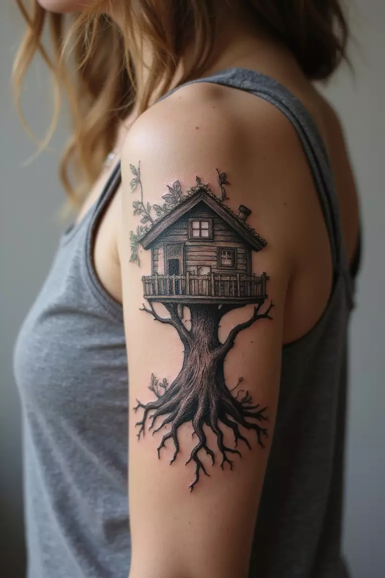 Treehouse A close-up shot of a woman showing her black ink whimsical treehouse tattoo on her arm.