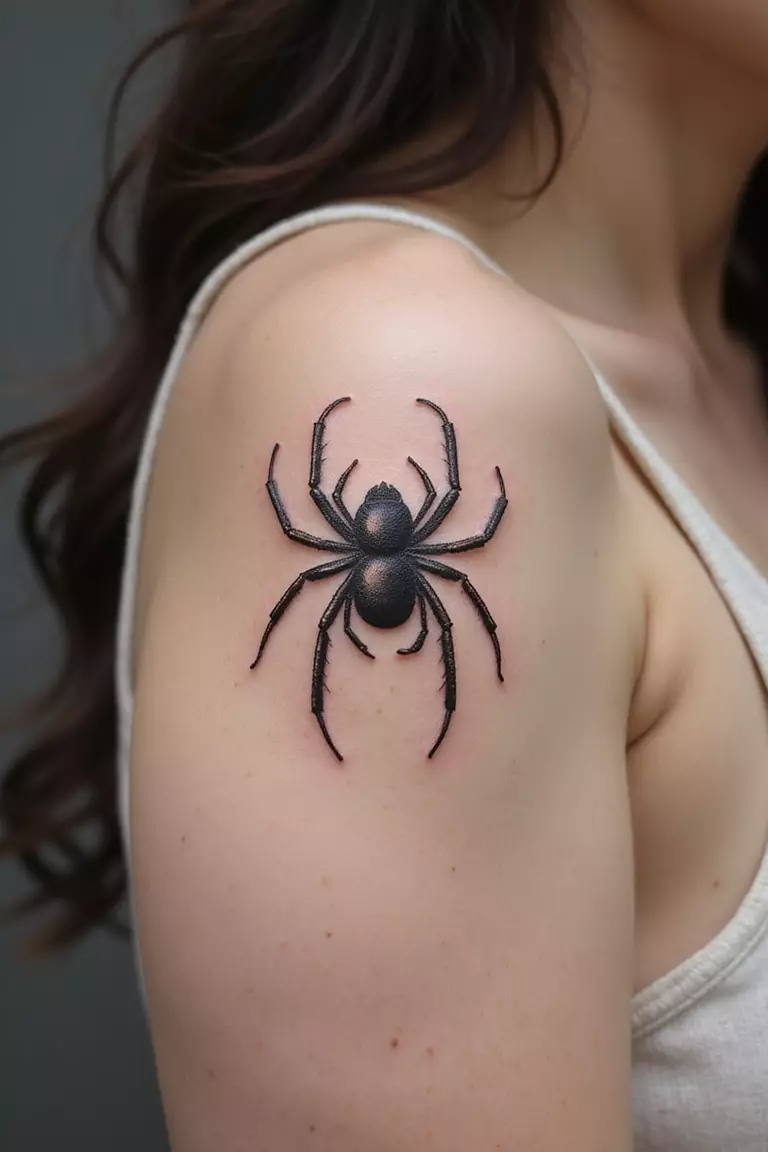 Minimalist Tarantula A close-up shot of a woman showing her black ink simple, minimalist outline tarantula tattoo design on her arm