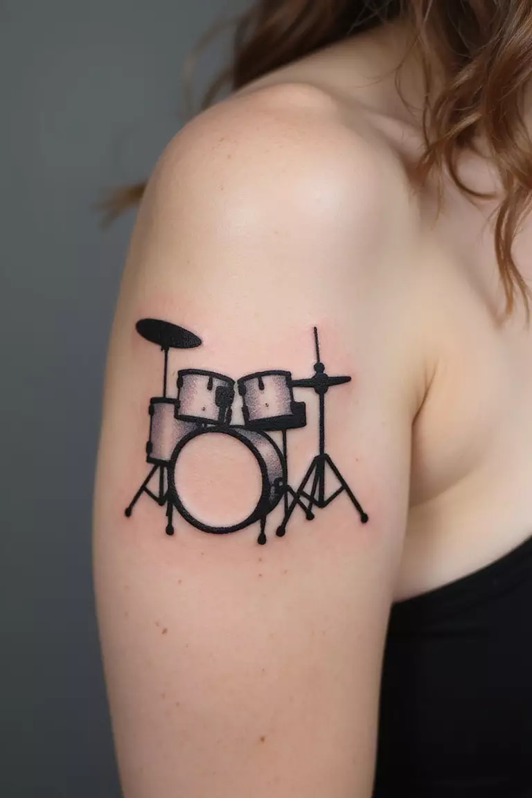 Drum Set Outline A close-up shot of a woman showing her black ink minimalist drum set outline tattoo on her arm.