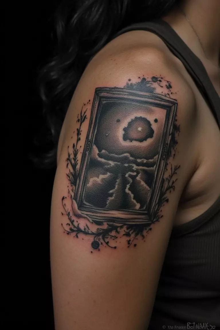 Window Into Another Dimension A close-up shot of a woman showing her black ink tattoo design on her arm of a window opening onto a surreal or abstract scene representing another dimension.