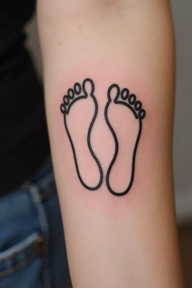 Footprints Yours A close-up shot of a woman showing her black ink pair of simple footprint outlines tattoo design on her arm