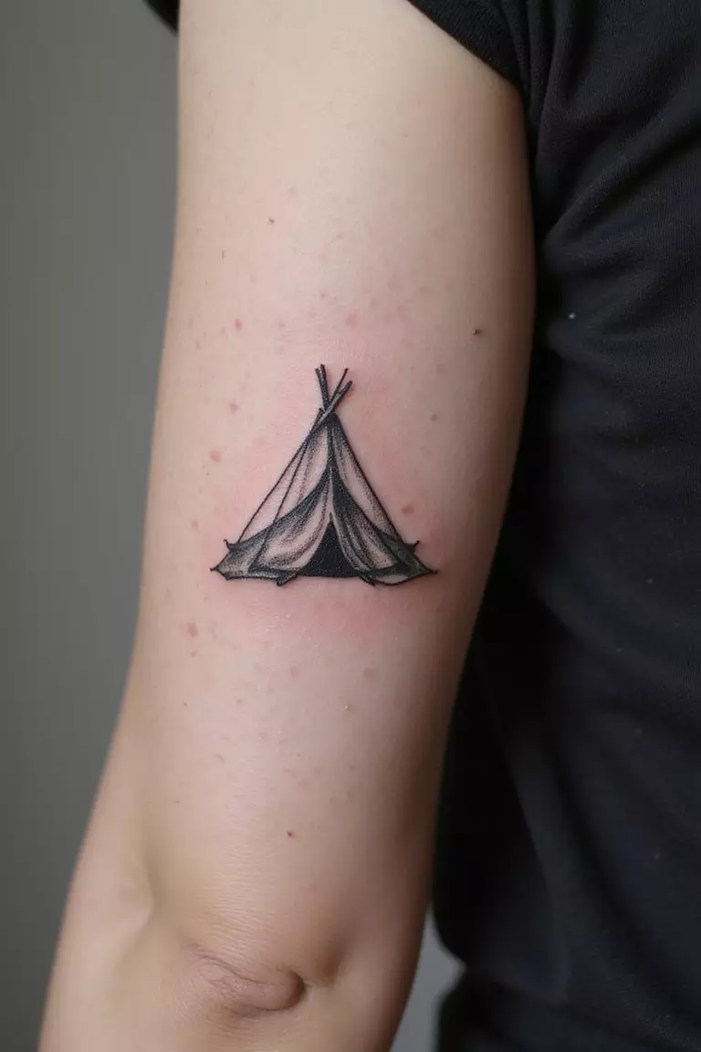 Tent A close-up shot of a woman showing her black ink small A-frame tent tattoo design on her arm
