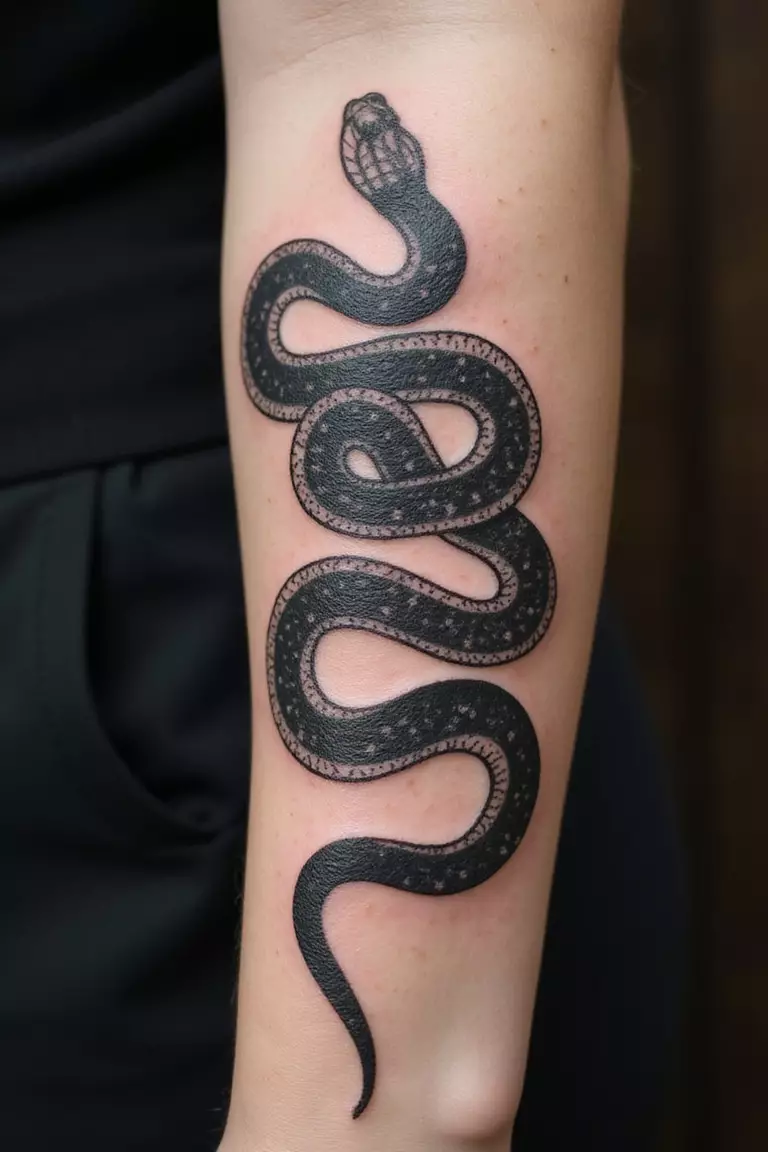 Snake Wrapping Around An Arm A close-up shot of a woman showing her black ink snake tattoo design wrapped spirally around her forearm.
