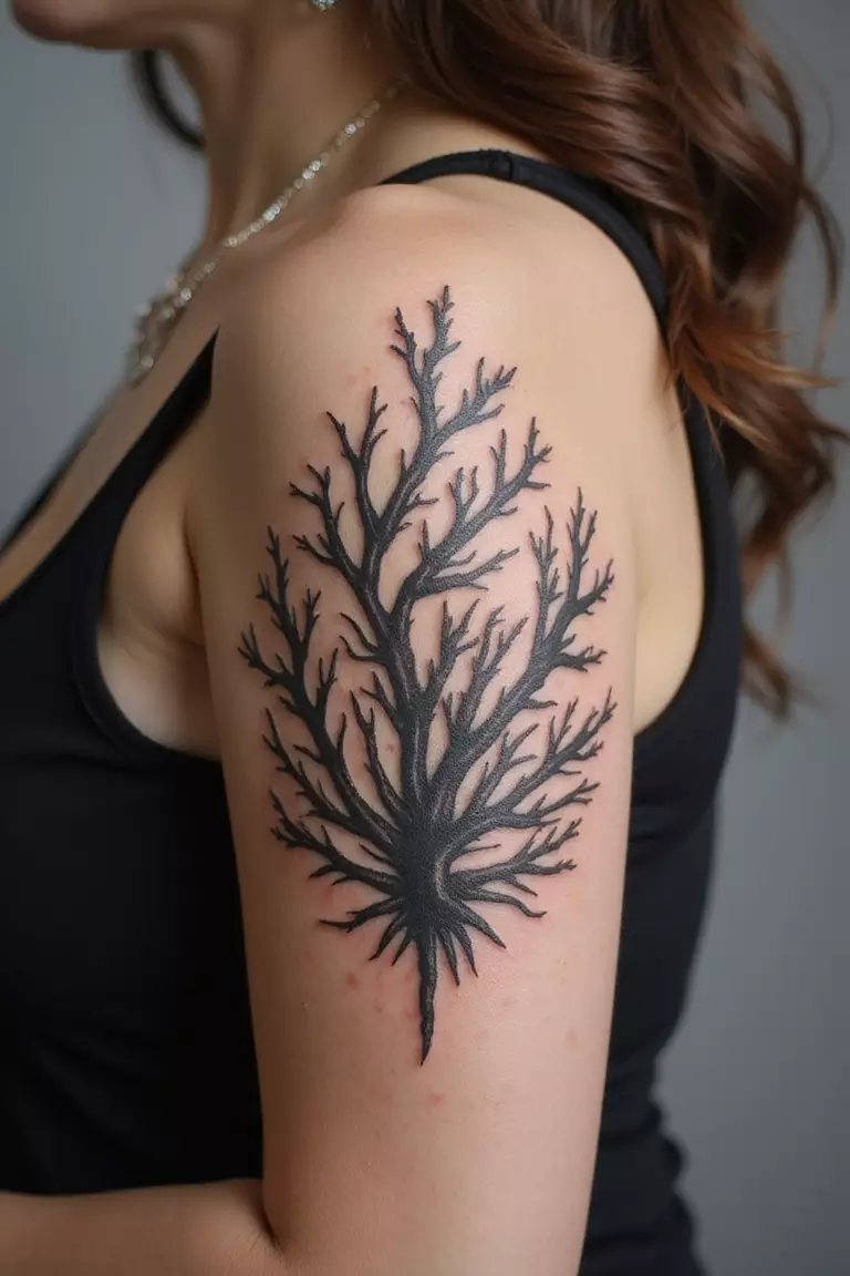 Coral Entwined With Seaweed A close-up shot of a woman showing her black ink coral entwined with seaweed tattoo design on her arm