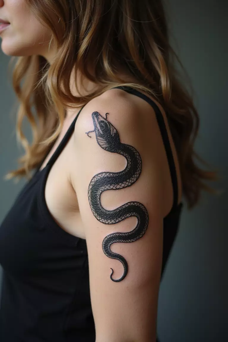 Realistic Snake A close-up shot of a woman showing her black ink realistic snake tattoo design on her arm, with detailed scales, shading, and highlights making it look lifelike.