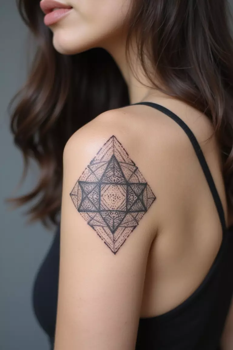 Dotwork Shading A close-up shot of a woman showing her black ink dotwork shading tattoo design creating a soft gradient effect on a geometric shape on her arm