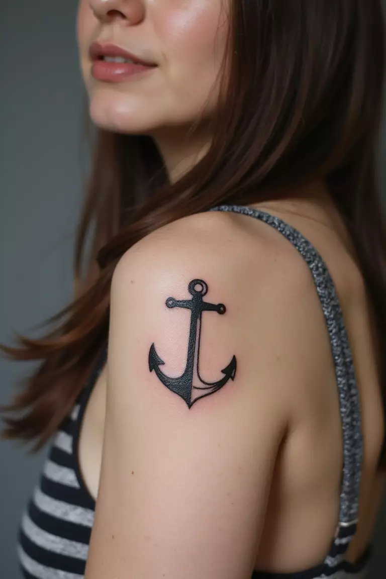 Tiny Anchor A close-up shot of a woman showing her black ink tiny anchor tattoo design on her arm