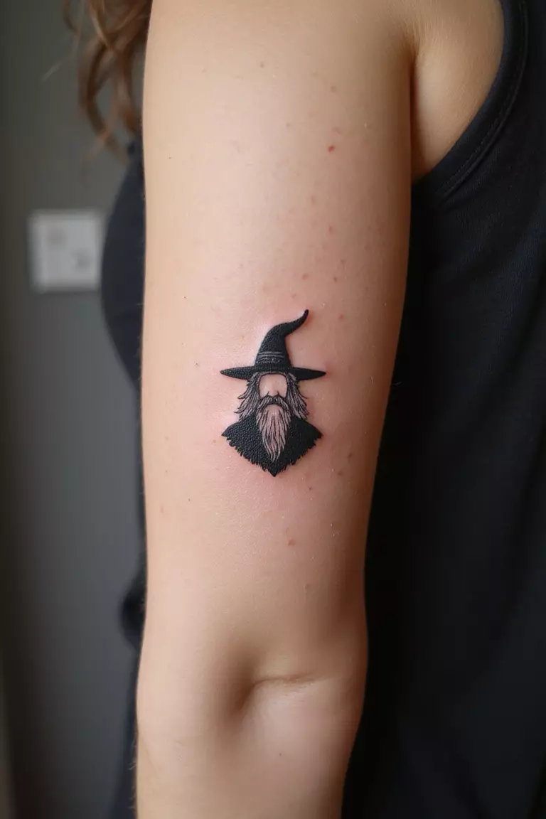 Minimalist Wizard Outline A close-up shot of a woman showing her black ink simple minimalist outline of a wizard figure tattoo design on her arm