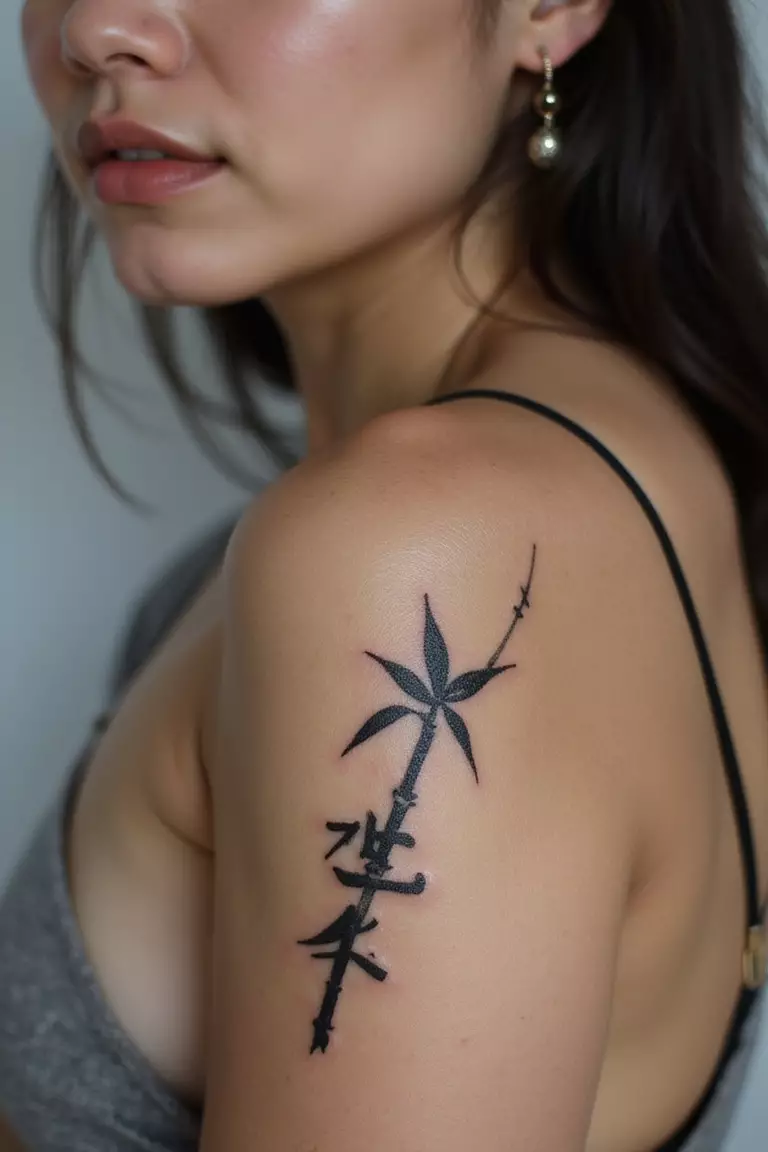 Bamboo Script A close-up shot of a woman showing her black ink bamboo forming the letters of a word tattoo design on her arm