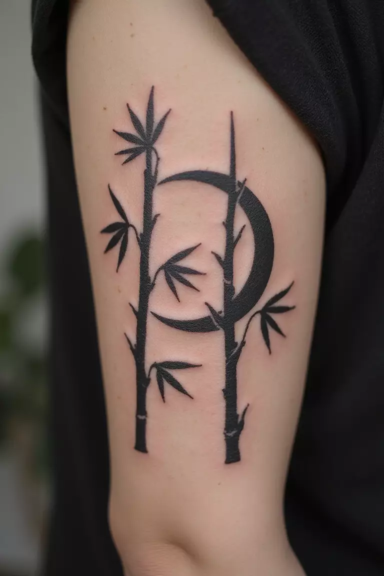 Bamboo Moon A close-up shot of a woman showing her black ink bamboo stalks against a crescent moon tattoo design on her arm