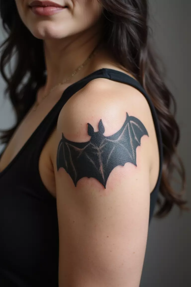 Bat Tattoo A close-up shot of a woman showing her black ink bat tattoo design on her arm