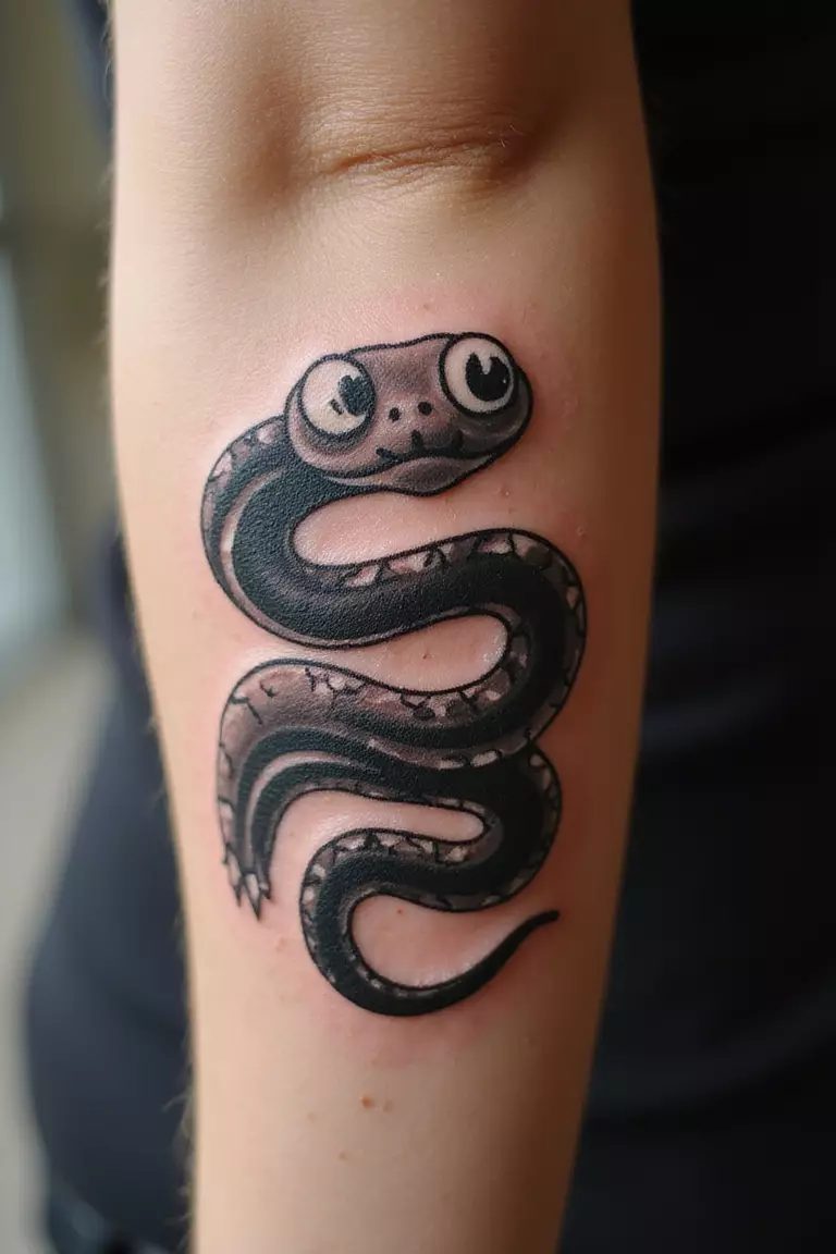 Cartoonish Traditional Snake A close-up shot of a woman showing her black ink cartoonish-traditional-snake-with-big-eyes tattoo design on her arm