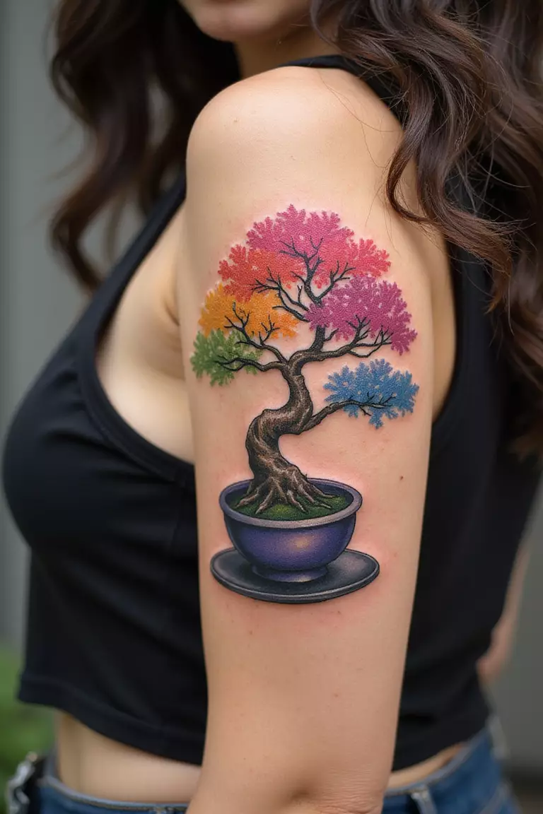 Colorful Cartoon Bonsai A close-up shot of a woman showing her black ink bright, colorful cartoon-style bonsai tree tattoo design on her arm
