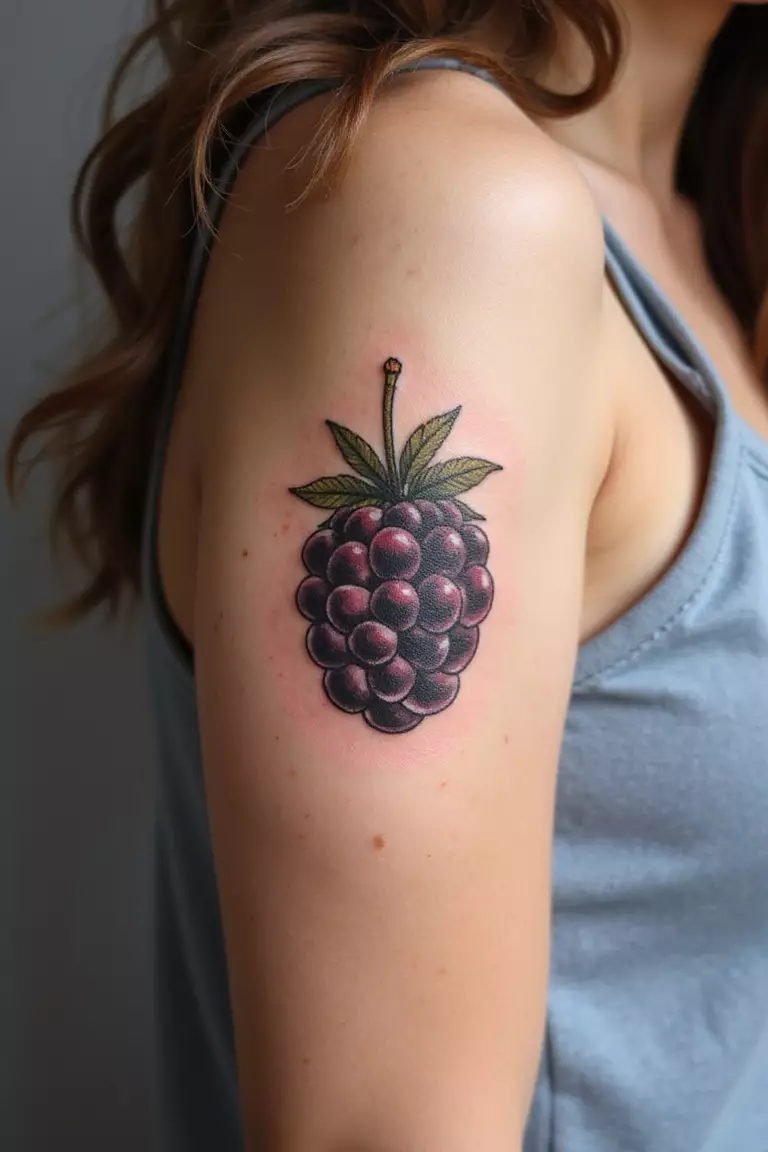 Simple Blackberry Outline A close-up shot of a woman showing her black ink simple blackberry outline tattoo on her arm.