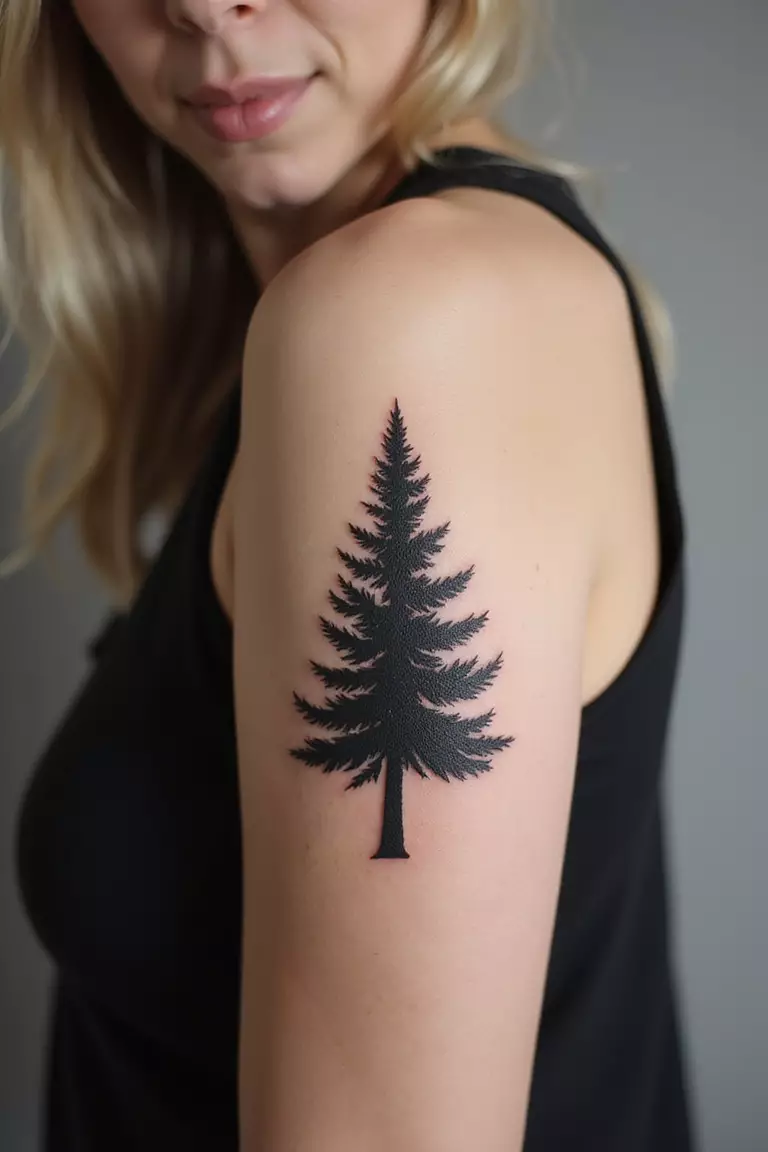 Trees Pine Trees Forest A close-up shot of a woman showing her black ink tall pine tree silhouette tattoo design on her arm