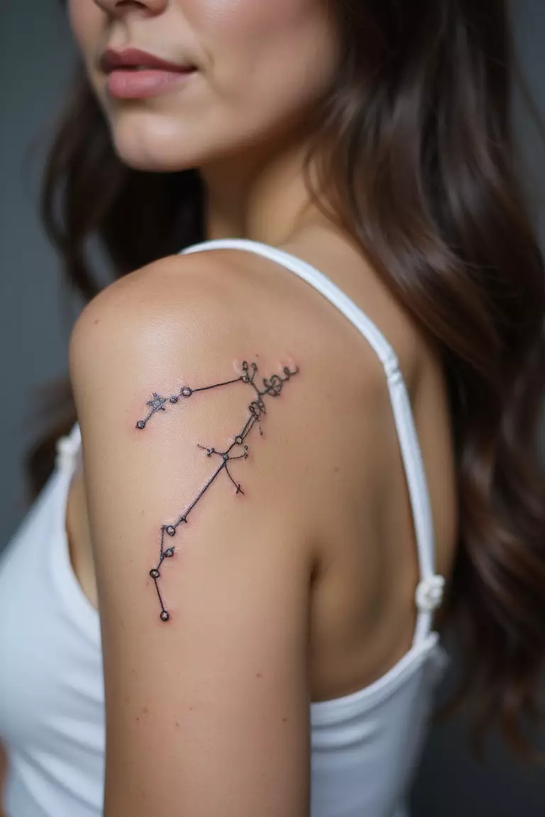 Outline Of A Constellation A close-up shot of a woman showing her black ink outline of the Ursa Minor constellation tattoo design on her arm