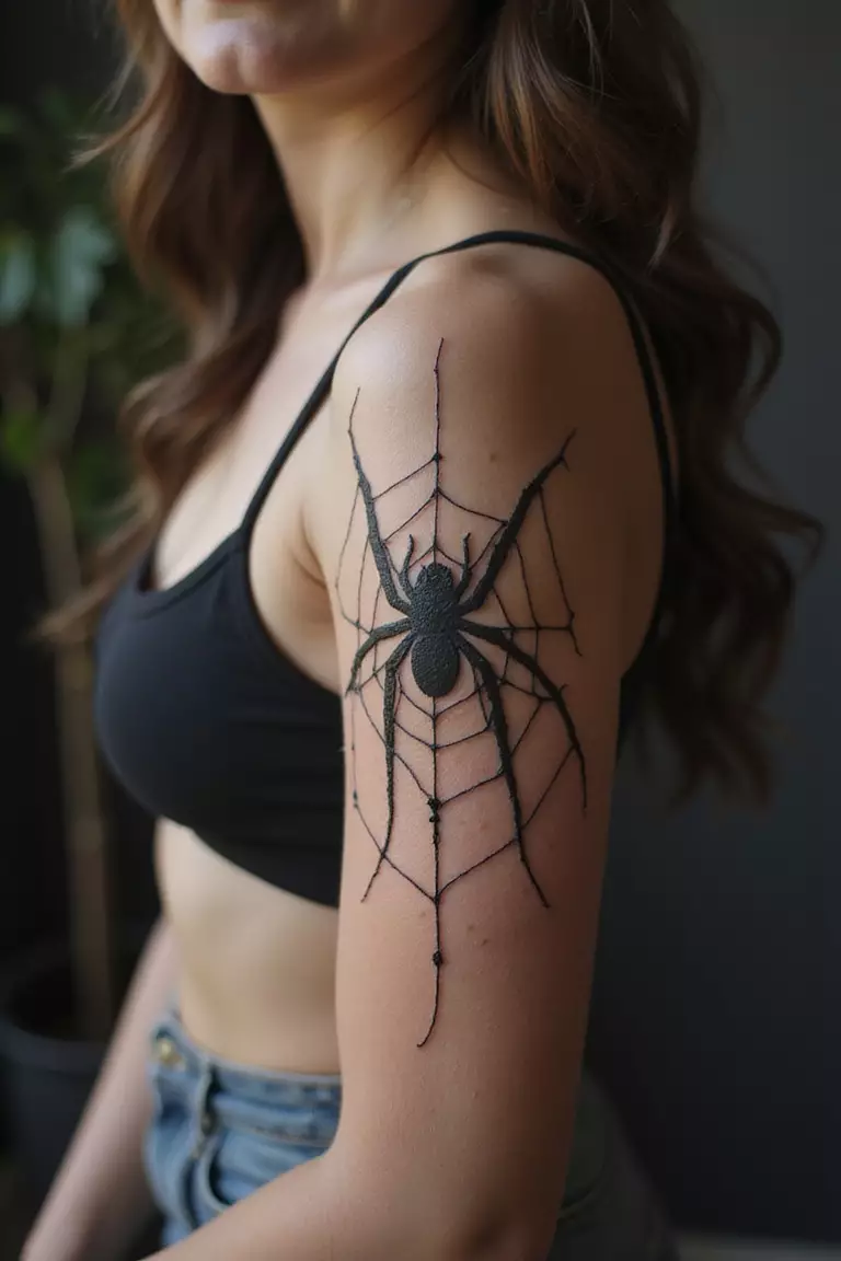 Spiderweb Tattoo A close-up shot of a woman showing her black ink spiderweb tattoo design on her arm