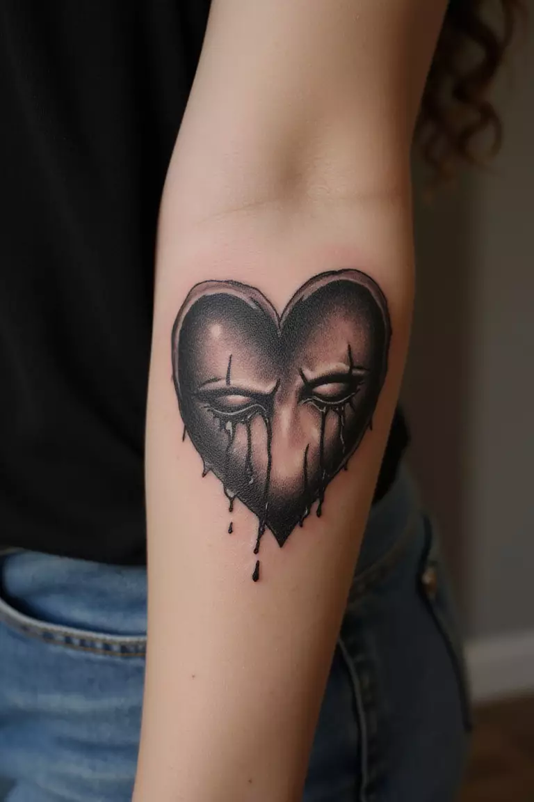 Crying Heart Tattoo A close-up shot of a woman showing her black ink crying heart tattoo design on her arm
