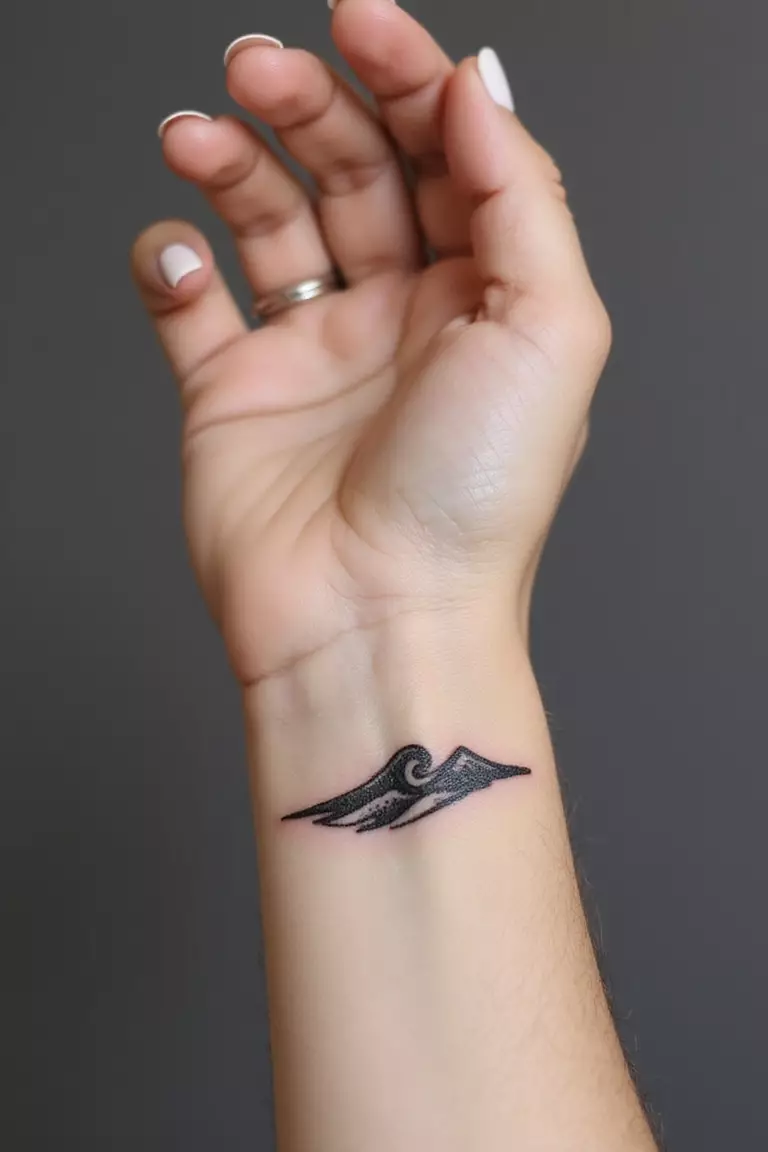 Small Wave A close-up shot of a woman showing her black ink simple single line wave tattoo design on her side wrist