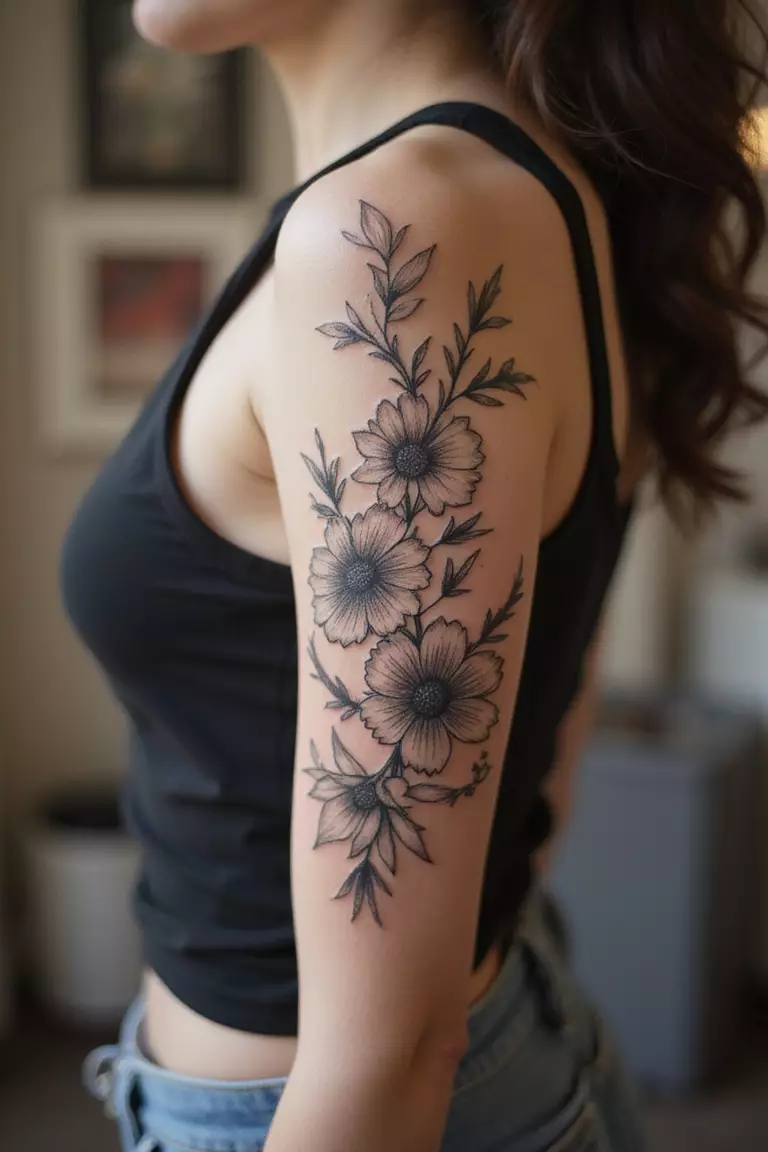 Floral Vines A close-up shot of a woman showing her black ink floral vines tattoo on her arm.